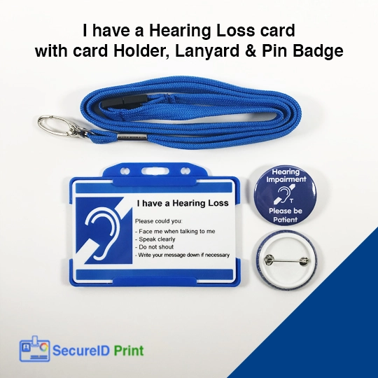 Hearing Loss Card & 32mm Pin Badge - Blue with Break-Away Lanyard and Biodegradable Card Holder