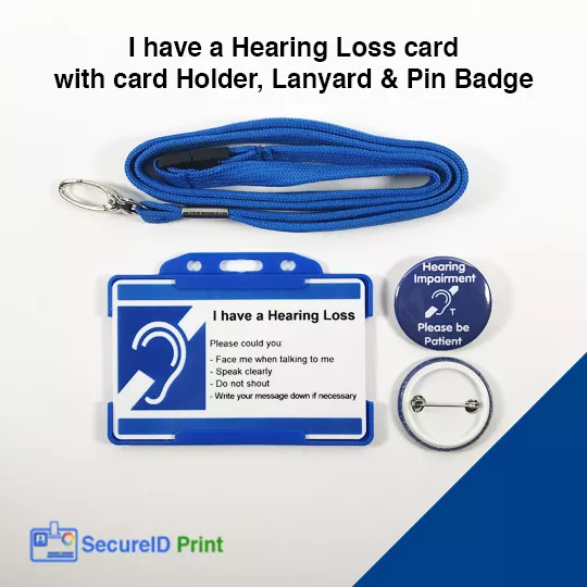 Hearing Loss Card & 32mm Pin Badge - Blue with Break-Away Lanyard and Biodegradable Card Holder