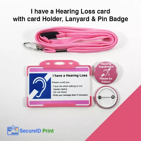 Hearing Loss Card & 32mm Pin Badge - Pink with Break-Away Lanyard and Biodegradable Card Holder